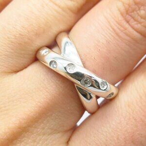 925 Sterling Silver Real White Diamond Crossover Ring Size 7